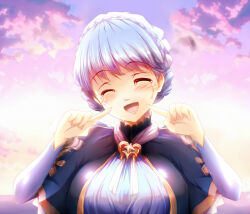 Rule 34 | 1girl, ^ ^, backlighting, blue capelet, blue dress, blue hair, blush, braid, breasts, bridal gauntlets, capelet, closed eyes, cloud, commentary request, crown braid, dress, finger to cheek, fire emblem, fire emblem: three houses, happy tears, head tilt, heart, lens flare, marianne von edmund, medium breasts, nintendo, open mouth, outdoors, short hair, smile, solo, tears, white background, yanmarson