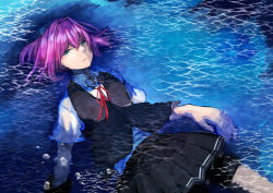 Rule 34 | 1girl, afloat, bad id, bad pixiv id, blue eyes, bubble, caustics, closed mouth, collar, collared shirt, cropped legs, grey vest, hair ornament, kantai collection, looking at viewer, neck ribbon, partially submerged, pink hair, pleated skirt, red ribbon, ribbon, school uniform, serious, shiranui (kancolle), shirt, short hair, short sleeves, shorts, skirt, solo, vest, water, you (yht ak)
