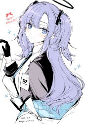 Rule 34 | 1girl, black gloves, black jacket, blue archive, blue eyes, blue necktie, blush, collared shirt, dated, gloves, half gloves, hand up, happy birthday, highres, holding, jacket, long hair, long sleeves, looking at viewer, necktie, off shoulder, purple hair, saki hajime, shirt, simple background, solo, twitter username, two side up, white background, yuuka (blue archive)