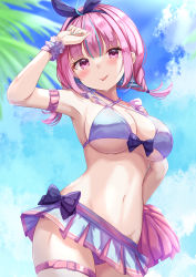 Rule 34 | 1girl, :p, ahoge, arm strap, arm up, armpits, bikini, bikini skirt, blue hair, blue nails, blush, bow, bow hairband, braid, breasts, cleavage, commentary, cowboy shot, criss-cross halter, hairband, halterneck, highres, holding, holding pom poms, hololive, large breasts, long hair, looking at viewer, low twin braids, minato aqua, multicolored hair, nail polish, navel, palm leaf, pink eyes, pink hair, pom pom (cheerleading), pom poms, purple bikini, purple bow, solo, standing, stomach, swimsuit, thigh strap, tongue, tongue out, twin braids, two-tone hair, underboob, virtual youtuber, wrist cuffs, yuano