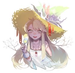 Rule 34 | 1girl, :d, bad id, bad twitter id, blonde hair, champagne flute, champagne glass, cup, dress, drinking glass, hat, herme (ohisashiburi), jewelry, long hair, necklace, ohisashiburi, open mouth, original, simple background, slit pupils, smile, solo, sun hat, teeth, white dress, wrist cuffs