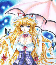 Rule 34 | 1girl, blonde hair, blue eyes, bow, breasts, bug, butterfly, cleavage, corset, elbow gloves, female focus, fragran0live, gloves, hair bow, hat, bug, large breasts, long hair, painting (medium), smile, solo, touhou, traditional media, umbrella, watercolor (medium), white gloves, yakumo yukari