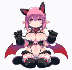 Rule 34 | 1girl, animal ears, blush, breasts, cat ears, cat girl, cleavage, collar, deathlock-san, extra ears, female focus, gloves, highres, large breasts, original, pink hair, pointy ears, red eyes, short hair, simple background, solo, sweat, thighhighs, zankuro
