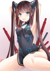 Rule 34 | 1girl, armpits, arms behind head, arms up, bare shoulders, black dress, blue eyes, blunt bangs, blush, breasts, brown hair, china dress, chinese clothes, cleavage, detached sleeves, dress, fate/grand order, fate (series), flute, gradient background, hair ornament, highres, instrument, long hair, looking at viewer, medium breasts, open mouth, short dress, sidelocks, sitting, solo, thighs, twintails, very long hair, wariza, yang guifei (fate), yang guifei (second ascension) (fate), yufou