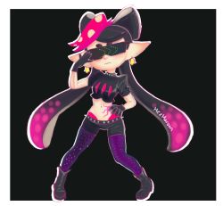 Rule 34 | 1girl, absurdres, artist name, black background, black footwear, black gloves, black hair, black shirt, black shorts, blush, boots, border, breasts, callie (splatoon), closed mouth, collar, crop top, earrings, female focus, full body, gloves, gradient hair, hand on own hip, hand up, highres, jewelry, jpeg artifacts, light blush, mezmaroon, midriff, multicolored hair, navel, nintendo, object on head, outline, pantyhose, pigeon-toed, pink hair, pointy ears, purple pantyhose, shirt, short shorts, short sleeves, shorts, signature, simple background, small breasts, solo, spiked collar, spikes, splatoon (series), splatoon 2, standing, sunglasses, tattoo, tentacle hair, tentacles, white border, white outline
