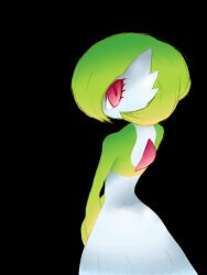 Rule 34 | 1girl, back, black background, bob cut, colored skin, creatures (company), dauntless melon, female focus, from behind, game freak, gardevoir, gen 3 pokemon, green hair, green skin, hair over one eye, looking at viewer, looking back, multicolored skin, nintendo, one eye covered, own hands together, pokemon, pokemon (creature), red eyes, short hair, simple background, sketch, solo, standing, two-tone skin, upper body, v arms, white skin