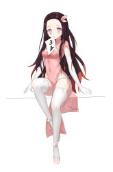 Rule 34 | 1girl, absurdres, alternate costume, blush, brown hair, china dress, chinese clothes, covered navel, dress, elbow gloves, gloves, highres, invisible chair, kamado nezuko, kimetsu no yaiba, long hair, multicolored hair, panties, pink eyes, pink footwear, pink ribbon, ribbon, side-tie panties, simple background, sitting, solo, streaked hair, thighhighs, thighs, underwear, white background, white thighhighs, yansuiyuluo