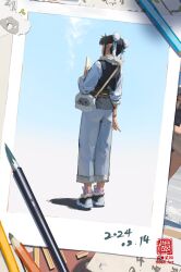 Rule 34 | 1girl, arm at side, bag, black hair, black vest, bun cover, colored pencil, dated, denim, double bun, from behind, fur collar, hair bun, hand up, handbag, highres, holding, jeans, kan liu (666k), original, pants, pencil, photo (object), pointy ears, seal impression, shirt, shoes, sidelocks, signature, sneakers, solo, standing, vest, white shirt