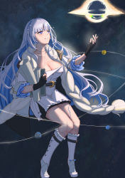 Rule 34 | 1girl, absurdres, arm up, black gloves, blue eyes, blue hair, blush, boots, breasts, cleavage, collarbone, fingerless gloves, girls&#039; frontline, girls&#039; frontline neural cloud, gloves, highres, holding, holding paper, hubble (neural cloud), jewelry, knee boots, light blue hair, long hair, looking up, medium breasts, mo geng, necklace, open mouth, paper, sitting, smile, solo, white footwear