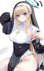 Rule 34 | 1girl, absurdres, alternate costume, blonde hair, blue archive, blue eyes, blue halo, blush, breasts, closed mouth, coif, cowboy shot, groin, habit, halo, highres, large breasts, long hair, looking at viewer, lshiki, nun, simple background, solo, thighhighs, toki (blue archive), underwear, white background, white thighhighs
