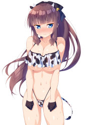 Rule 34 | 1girl, 3:, absurdres, animal ears, animal print, bare shoulders, bikini, black gloves, black ribbon, blue eyes, blunt bangs, blush, breasts, brown hair, collarbone, commentary request, cow ears, cow horns, cow print, cow tail, cowboy shot, embarrassed, gloves, hair ribbon, half gloves, highleg, highleg bikini, highres, horns, kazuma (kazumav), large breasts, long hair, looking at viewer, navel, new game!, nose blush, ponytail, print bikini, ribbon, simple background, solo, sweat, swimsuit, tail, takimoto hifumi, underboob, very long hair, white background