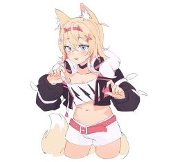 Rule 34 | 1girl, absurdres, animal ear fluff, animal ears, bandaid, bandaid hair ornament, belt, belt buckle, black collar, black jacket, blonde hair, blue eyes, blush, breasts, buckle, collar, colored inner animal ears, crop top, cropped jacket, crossed bangs, detached collar, dog ears, dog girl, dog tail, double-parted bangs, fake horns, flame print, hair intakes, hair ornament, hairband, hairclip, headphones, headphones around neck, highres, hikkishi, hololive, hololive english, horns, jacket, long sleeves, midriff, mococo abyssgard, mococo abyssgard (1st costume), multicolored hair, navel, open clothes, open jacket, pink belt, pink eyes, pink hair, pink hairband, puffy long sleeves, puffy sleeves, shirt, short hair, short shorts, shorts, sidelocks, simple background, small breasts, smile, solo, spiked collar, spiked hairband, spikes, streaked hair, tail, tongue, tongue out, two side up, virtual youtuber, white background, white shirt, white shorts, x hair ornament