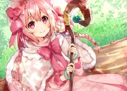 Rule 34 | bad id, bad pixiv id, bow, bracelet, braid, hair bow, hat, holding, holding staff, jewelry, lily (netojuu no susume), long hair, looking at viewer, netojuu no susume, omuretsu, pink bow, pink eyes, pink hair, sitting, smile, solo, staff, twin braids, white hat