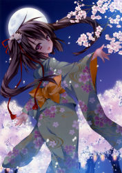 Rule 34 | 1girl, absurdres, anapom, blush, brown eyes, brown hair, cherry blossoms, fang, flower, from behind, full moon, hair flower, hair ornament, hair ribbon, highres, japanese clothes, kimono, long hair, looking back, moon, night, non-web source, open mouth, original, petals, ribbon, sky, smile, solo, tree, twintails