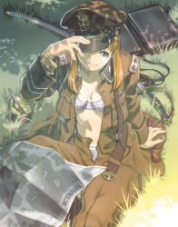 Rule 34 | 1girl, absurdres, arm support, bag, belt, bra, breasts, brown hair, buttons, can, cleavage, emblem, fork, from above, grass, green eyes, hand on headwear, hat, highres, hiroe rei, jacket, long hair, long sleeves, looking at viewer, map, medium breasts, military, military hat, military uniform, navel, on ground, open clothes, open fly, open jacket, orange hair, original, outdoors, panties, peaked cap, purple bra, purple panties, sam browne belt, satchel, scabbard, sheath, sheathed, sitting, smile, solo, sword, tassel, open belt, unbuttoned, underwear, uniform, weapon