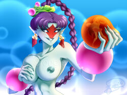 Rule 34 | 2girls, artist request, ball, bishoujo senshi sailor moon, bishoujo senshi sailor moon supers, blue background, blue skin, braid, colored skin, completely nude, covering breasts, covering privates, demon girl, dress, earrings, evil grin, evil smile, facial mark, fingernails, grabbing own breast, grin, high ponytail, highres, hino rei, holding, holding ball, jewelry, lemures (sailor moon), looking at another, magical girl, mini person, minigirl, miniskirt, monster girl, multiple girls, nipples, nude, orb, otedamako, pointy ears, purple hair, sailor mars, shiny skin, single braid, skirt, smile, tiara, trapped, white dress, wide hips