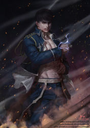 Rule 34 | 1boy, artist name, bare pectorals, black hair, clenched teeth, cowboy shot, derivative work, dust, electricity, embers, fullmetal alchemist, groin, hexagram, in-hyuk lee, jacket, male focus, manly, open clothes, open jacket, pectorals, realistic, roy mustang, scar, screenshot redraw, signature, solo, teeth, watermark, web address, wind