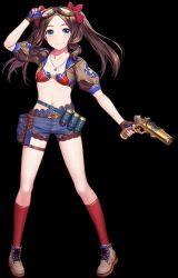 Rule 34 | 1girl, absurdres, bad id, bad pixiv id, blue shorts, bow, bra, breasts, brown footwear, brown hair, collarbone, fate/grand order, fate (series), fingerless gloves, floating hair, full body, gloves, goggles, goggles on head, grey background, gun, gustavoribeiro, hair bow, handgun, highres, holding, holding gun, holding weapon, jewelry, kneehighs, leonardo da vinci (fate), leonardo da vinci (swimsuit ruler) (fate), long hair, looking at viewer, midriff, navel, necklace, red bow, red bra, red socks, short shorts, short sleeves, shorts, shrug (clothing), simple background, small breasts, socks, solo, standing, star (symbol), star necklace, stomach, transparent background, underwear, weapon