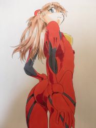 Rule 34 | 1girl, ass, blue eyes, bodysuit, breasts, eywy4324, hand on own hip, highres, lips, long hair, looking back, looking up, medium breasts, neon genesis evangelion, orange hair, plugsuit, simple background, skin tight, solo, souryuu asuka langley, traditional media, two side up, wide hips
