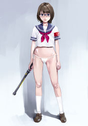 Rule 34 | 1girl, armband, arms at sides, baton (weapon), blouse, blue-framed eyewear, blue eyes, blue sailor collar, bob cut, brown footwear, brown hair, cameltoe, closed mouth, electro shock prod, electroshock weapon, full body, glasses, highres, holding, holding weapon, inamitsu shinji, kneehighs, legs, legs apart, less-than-lethal weapon, lips, loafers, looking at viewer, neckerchief, no pants, original, paid reward available, panties, red neckerchief, sailor collar, school swimsuit, school uniform, serafuku, shirt, shoes, short hair, short sleeves, side-tie panties, sleeve cuffs, socks, solo, standing, string panties, stun baton, swimsuit, tareme, underwear, weapon, white panties, white shirt, white socks