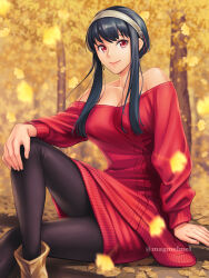 Rule 34 | 1girl, black hair, black pantyhose, breasts, cleavage, closed mouth, hairband, highres, kinoeneko, knee up, large breasts, medium breasts, outdoors, pantyhose, red eyes, red sweater, sitting, smile, solo, spy x family, sweater, tree, white hairband, yor briar