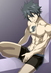 Rule 34 | 1boy, abs, black hair, fairy tail, gray fullbuster, looking at viewer, male focus, muscular, nipples, sexyanimes, topless male, sitting, solo, tattoo, underwear