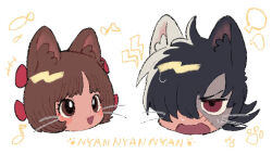 Rule 34 | +++, 1boy, 1girl, animal ear fluff, animal ears, black hair, black jack (character), black jack (series), blush stickers, bow, brown eyes, brown hair, cat ears, fish, hair bow, hair over one eye, head, husagin, lightning bolt symbol, multicolored hair, multiple hair bows, musical note, open mouth, patchwork skin, paw print, pinoko, red bow, red eyes, scar, short hair, simple background, split-color hair, sweat, two-tone hair, wavy mouth, whiskers, white background, white hair