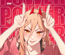 Rule 34 | 1girl, artist name, chainsaw man, character name, collarbone, cross-shaped pupils, horns pose, fingernails, hair between eyes, highres, horns, horns pose, index fingers raised, kishishiotani, long bangs, looking at viewer, pink hair, power (chainsaw man), red background, red horns, red shirt, sharp teeth, shirt, solo, symbol-shaped pupils, teeth, tongue, tongue out, upper body, v-shaped eyebrows, yellow eyes