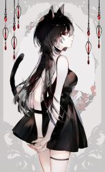 Rule 34 | 1girl, animal ears, arms behind back, bare arms, bare shoulders, black choker, black dress, black hair, breasts, cat ears, cat tail, choker, closed mouth, cowboy shot, dress, expressionless, framed, grey background, highres, long hair, looking at viewer, looking back, medium breasts, naru (ul), original, profile, red eyes, sleeveless, sleeveless dress, solo, standing, tail, thigh strap, thighs