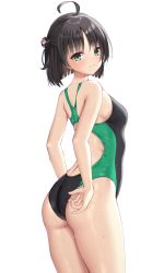 Rule 34 | 1girl, absurdres, adjusting clothes, adjusting swimsuit, ahoge, ass, black hair, black one-piece swimsuit, breasts, competition swimsuit, cowboy shot, from behind, green eyes, highres, hitachi mako, looking at viewer, medium breasts, ncontrail (mgax7527), one-piece swimsuit, senren banka, short hair, simple background, solo, standing, swimsuit, two-tone swimsuit, wedgie, white background