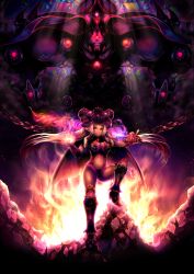 Rule 34 | 1girl, boots, breasts, chain, cleavage, dark-skinned female, dark skin, demon, demon girl, facial tattoo, fire, glowing, glowing eyes, hat, highres, long hair, momoshiki tsubaki, monster, nail polish, navel, original, pointing, red eyes, silver hair, solo, stained glass, tattoo, twintails, wings