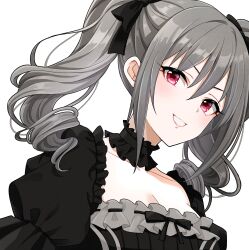 Rule 34 | 1girl, absurdres, black bow, black choker, black dress, black ribbon, bow, breasts, choker, cleavage, clenched teeth, collarbone, commentary request, dress, drill hair, eyelashes, frilled choker, frilled dress, frills, gothic lolita, grey hair, hair bow, head tilt, highres, idolmaster, idolmaster cinderella girls, juliet sleeves, kanzaki ranko, light blush, lolita fashion, long sleeves, looking at viewer, looking to the side, medium bangs, medium breasts, medium hair, open mouth, popon ta, puffy sleeves, red eyes, ribbon, sidelocks, simple background, smile, solo, standing, striped clothes, striped dress, teeth, twin drills, upper body, vertical-striped clothes, vertical-striped dress, white background