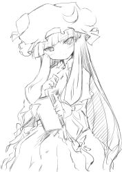 Rule 34 | 1girl, blunt bangs, blush, book, bow, capelet, coo (coonekocoo), female focus, greyscale, hair bow, hat, head tilt, long hair, monochrome, patchouli knowledge, sitting, sketch, smile, solo, touhou