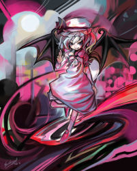 Rule 34 | &gt;:), 1girl, abstract background, bat wings, black wings, blush, closed mouth, dress, fang, fang out, female focus, flying, full body, hat, kneehighs, leg up, looking at viewer, mizuta kenji, mob cap, pink footwear, puffy short sleeves, puffy sleeves, purple eyes, remilia scarlet, shoes, short hair, short sleeves, signature, silver dress, silver hair, skirt hold, socks, solo, touhou, tsurime, v-shaped eyebrows, white hat, white socks, wings