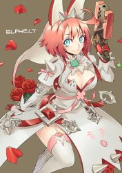 Rule 34 | 1girl, abe ranzu, ahoge, aqua eyes, blush, breasts, character name, cleavage, cleavage cutout, clothing cutout, clover, curvy, elphelt valentine, flower, four-leaf clover, garter straps, gloves, guilty gear, guilty gear xrd, gun, highres, large breasts, looking at viewer, pink hair, rose, short hair, smile, solo, spikes, standing, thick thighs, thighhighs, thighs, veil, weapon, white thighhighs, wide hips