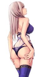 Rule 34 | 1girl, applekun, ass grab, back, bikini, blue eyes, breasts, cherry blossom print, embroidered legwear, fate/grand order, fate (series), floral print, from behind, grabbing own ass, hair down, highres, large breasts, long hair, miyamoto musashi (fate), miyamoto musashi (fate/grand order), miyamoto musashi (swimsuit berserker) (fate), miyamoto musashi (swimsuit berserker) (third ascension) (fate), o-ring, o-ring bikini, pink hair, see-through, solo, swimsuit, thighhighs