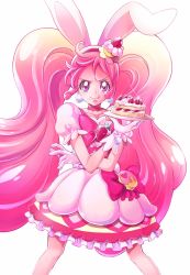 Rule 34 | 10s, 1girl, :p, :q, animal ears, bow, rabbit ears, cake, cake hair ornament, choker, corset, cure whip, earrings, eating, extra ears, eyelashes, food, food-themed hair ornament, food-themed ornament, fruit, full body, gloves, hair ornament, hairband, happy, highres, jewelry, kirakira precure a la mode, long hair, looking at viewer, magical girl, pink bow, pink choker, pink hair, pink theme, pom pom (clothes), pom pom earrings, precure, puffy sleeves, red eyes, sharumon, simple background, skirt, smile, solo, standing, strawberry, tongue, tongue out, twintails, usami ichika, white background, white gloves, white skirt