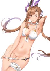 Rule 34 | 1girl, arm up, bikini, blush, bracelet, breasts, breasts squeezed together, bridal garter, brown eyes, brown hair, choker, cleavage, cleft of venus, dutch angle, emabrassed, embarrassed, flower, granblue fantasy, groin, hair flower, hair ornament, jewelry, legs together, long hair, looking at viewer, medium breasts, navel, panties, panty pull, pussy, solo, swimsuit, terry (pixiv3274443), tweyen (eternal&#039;s summer vacation) (granblue fantasy), tweyen (granblue fantasy), twintails, uncensored, underwear, white background