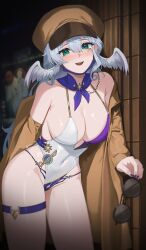 Rule 34 | 1girl, absurdres, bare shoulders, blue hair, blush, breasts, brown coat, cleavage, coat, commentary, covered navel, cowboy shot, detached collar, english commentary, green eyes, hair between eyes, hat, head wings, highleg, highleg leotard, highres, holding, holding removed eyewear, honkai: star rail, honkai (series), large breasts, leotard, looking at viewer, mask, mouth mask, nail polish, nvl, open clothes, open coat, open mouth, purple nails, robin (honkai: star rail), round eyewear, sidelocks, solo, sunglasses, thigh strap, twitter username, unworn eyewear, white leotard, wings