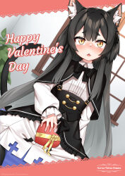 Rule 34 | 1girl, animal ears, artist request, black hair, blush, box, cat ears, cat girl, cat tail, commentary, dwess, english commentary, english text, gift, hair between eyes, happy valentine, heart-shaped box, highres, holding, holding gift, indoors, little witch nobeta, long hair, open mouth, phyllis (human) (little witch nobeta), phyllis (little witch nobeta), second-party source, solo, tail, thick eyebrows, yuri