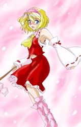 Rule 34 | 1girl, alice margatroid, armpits, ascot, bare shoulders, blonde hair, blue eyes, blush, boots, breasts, cosplay, detached sleeves, eyebrows, female focus, flx, flying sweatdrops, frilled hairband, frilled skirt, frills, gohei, hairband, hakurei reimu, hakurei reimu (cosplay), japanese clothes, long sleeves, midriff, miko, open mouth, pink background, pink footwear, pink hairband, red ribbon, red skirt, ribbon, ribbon-trimmed sleeves, ribbon trim, sarashi, short hair, skirt, small breasts, solo, tareme, touhou, white sleeves, wide sleeves, yellow ascot