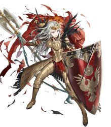Rule 34 | 1girl, armor, armored boots, axe, battle axe, black pantyhose, blue eyes, boobplate, boots, breastplate, breasts, cape, closed mouth, crown, cuboon, edelgard von hresvelg, feather trim, feathers, female focus, fire emblem, fire emblem: three houses, fire emblem heroes, full body, gauntlets, hair ornament, highres, holding, holding weapon, large breasts, lips, long hair, looking at viewer, nintendo, official art, pantyhose, red cape, shield, silver hair, solo, torn cape, torn clothes, transparent background, weapon