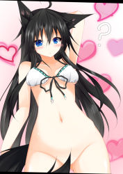 Rule 34 | 1girl, ahoge, animal ears, arm at side, arm behind head, bad id, bad pixiv id, belly, bikini, black hair, blue eyes, blush, bottomless, collarbone, convenient censoring, cowboy shot, fox ears, fox girl, front-tie bikini top, front-tie top, gluteal fold, heart, highres, horomasa, long hair, looking at viewer, navel, original, question mark print, solo, standing, swimsuit, tail