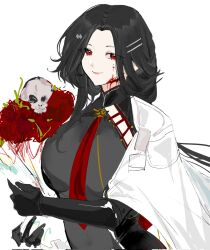 Rule 34 | 1girl, bisaytin, black gloves, black hair, blood, blood on face, bouquet, cloak, corrupted twitter file, flower, girls&#039; frontline, gloves, hairpin, highres, holding, holding bouquet, long hair, looking at viewer, multiple hairpins, qbu-191 (girls&#039; frontline), red eyes, red flower, red rose, rose, simple background, smile, solo, upper body, white background, white cloak