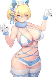 Rule 34 | 1girl, absurdres, animal ears, bikini, black nails, blonde hair, blue bikini, blue hairband, blue thighhighs, bow, bowtie, breasts, claw pose, closed mouth, commentary request, cross, cross earrings, earrings, fake animal ears, fur-trimmed bikini, fur-trimmed legwear, fur trim, girls&#039; frontline, green bow, green bowtie, hair between eyes, hairband, highres, jewelry, large breasts, looking at viewer, mari0ball, mole, mole on breast, mole under eye, nail polish, navel, official alternate costume, print thighhighs, short hair, solo, standing, stomach, string bikini, swimsuit, thighhighs, vsk-94 (christmas eve detective) (girls&#039; frontline), vsk-94 (girls&#039; frontline)