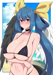 Rule 34 | 1girl, absurdres, angel wings, arm under breasts, asymmetrical wings, bare shoulders, beach, bikini, black bikini, black choker, blue hair, blue sky, blush, border, breasts, choker, cleavage, closed mouth, cloud, collarbone, covered erect nipples, day, dizzy (guilty gear), fuuma (bangolga1), guilty gear, hair between eyes, hair ribbon, hair rings, highres, holding own arm, large breasts, long hair, looking at viewer, mature female, mind control, monster girl, navel, ocean, red eyes, ribbon, sagging breasts, sidelocks, skindentation, sky, smile, solo, stomach, string bikini, swimsuit, tail, twintails, underboob, white border, wings, yellow ribbon
