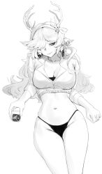 Rule 34 | 1girl, absurdres, animal ears, antlers, arknights, breasts, closed mouth, coldshot (arknights), collarbone, cowboy shot, crop top, cropped jacket, greyscale, groin, hair over one eye, hairband, highleg, highleg panties, highres, holding, horns, large breasts, long hair, looking at viewer, mole, mole under mouth, monochrome, navel, no pants, one eye covered, panties, skindentation, smile, solo, tierla, underwear, zipper