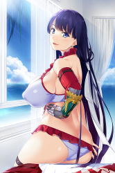 Rule 34 | 1girl, ass, back, bare shoulders, bikini, blue eyes, blunt bangs, blush, breasts, butt crack, choker, curtains, earrings, elbow gloves, fate/grand order, fate (series), gauntlets, gloves, hair ribbon, hand on own hip, hip focus, homu (seven deadly sins), jewelry, large breasts, long hair, looking at viewer, martha (fate), martha (swimsuit ruler) (fate), martha (swimsuit ruler) (third ascension) (fate), parted lips, purple hair, red gloves, ribbon, sarong, unworn sarong, sitting, smile, solo, straight hair, sunlight, swimsuit, thigh strap, very long hair, white bikini, white ribbon, window