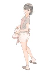 Rule 34 | 1girl, apron, black hair, brown eyes, full body, goshiki suzu, grey shirt, highres, holding, looking at viewer, open mouth, original, paw print, red apron, shirt, short sleeves, shorts, simple background, slippers, socks, solo, standing, white background, white shorts, white socks, wrapped bento