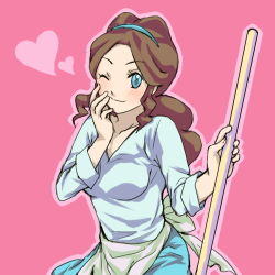 Rule 34 | 10s, 1girl, ;), apron, bad id, bad pixiv id, blue eyes, blush, breasts, broom, brown hair, creatures (company), game freak, hairband, heart, long hair, lowres, mother (pokemon), nintendo, one eye closed, pokemon, pokemon bw, ponytail, r-ray, simple background, skirt, sleeves rolled up, smile, solo, sweater, unova mother (bw), wink